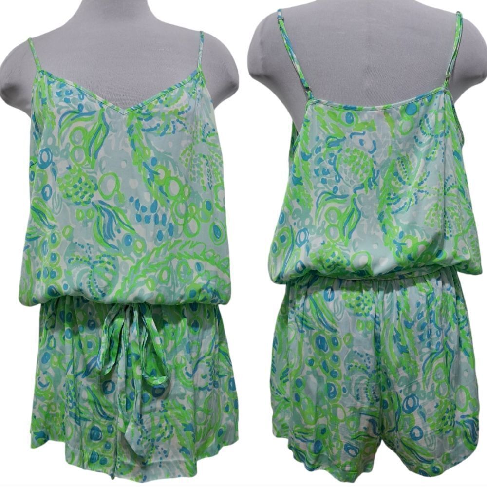 LillyβPulitzer Deanna Tank Top Romper In Any Fins Possible Blue/Green XL